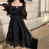 Gothic Lolita Harajuku Style Closing off-the-Shoulder Bow Waist Slimming Solid Color Dress