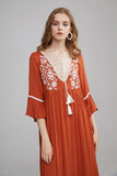 Women Dresses Bohemian V-neck Flared Sleeve Embroidered Dress