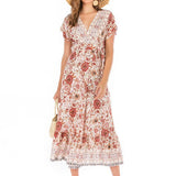 Beth Dutton Bohemian Dress Summer Spring Midi Dresses Sexy V-neck Waist Printed Beach Dress Maxi Skirt