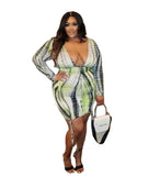 Women Plus Size Mini Dresses Printed V-neck Sexy Crumpled Bodycon Dress