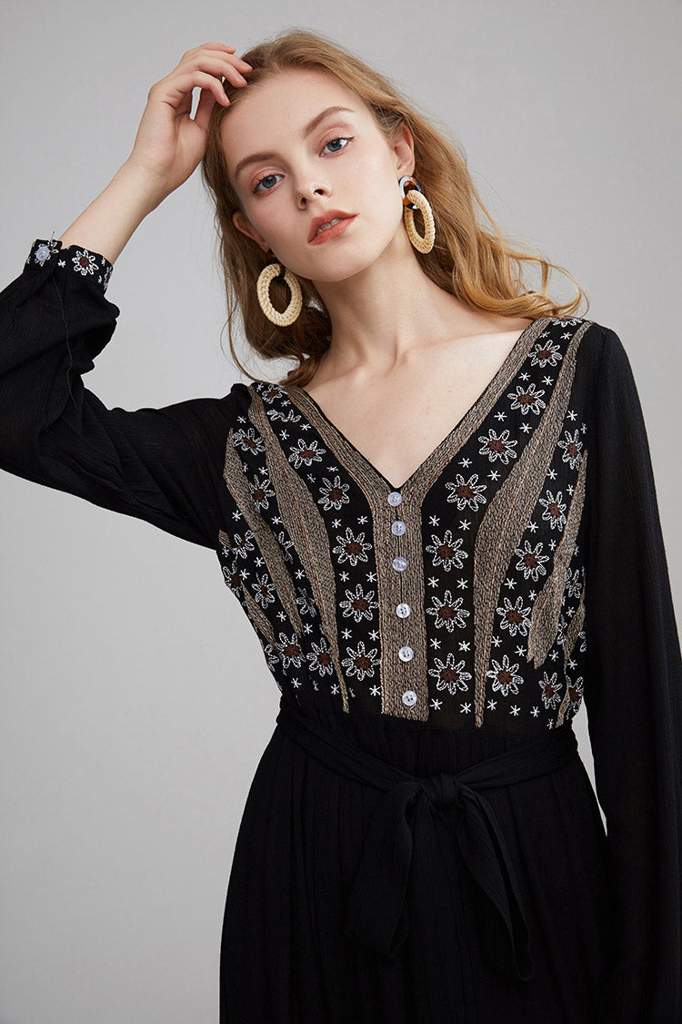 Bohemian Embroidered Little Flower V-neck Sexy Backless Dress