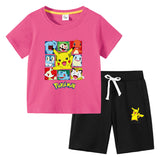 Children Pokemon Pikachu Tshirts & Shorts round Neck Half Sleeve T-shirt Suit Cotton Two-Piece Suit