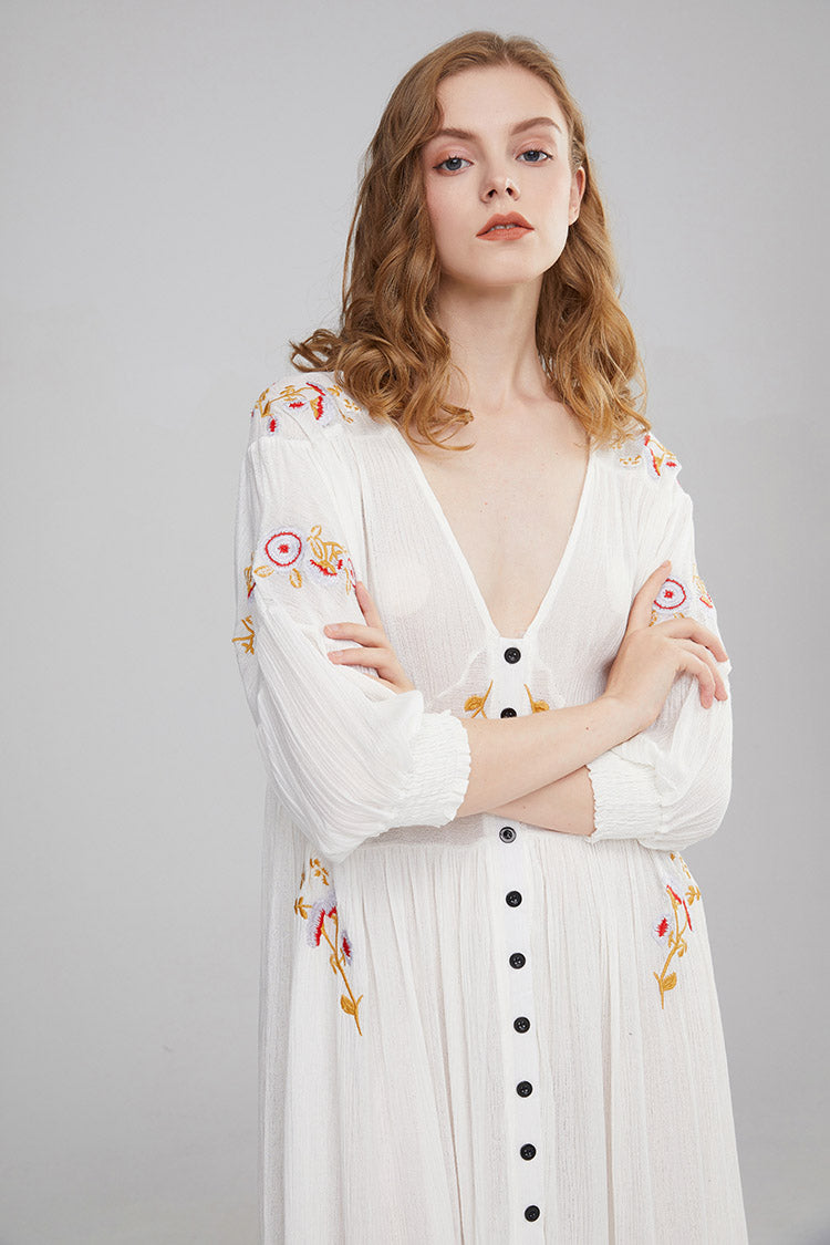Embroidered Flower V-neck Fashion Dress