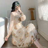 Fairy Dress French Retro Fairy Long Sleeve Mesh Embroidered Dress
