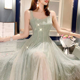 Fairy Dress Summer French Style Retro Sleeveless Solid Color Suspender Dress Mid-Length Mesh Dress