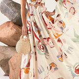 Women Dreese Backless Printed Flower Large Swing Suspender Skirt Seaside Sexy Beach Dress