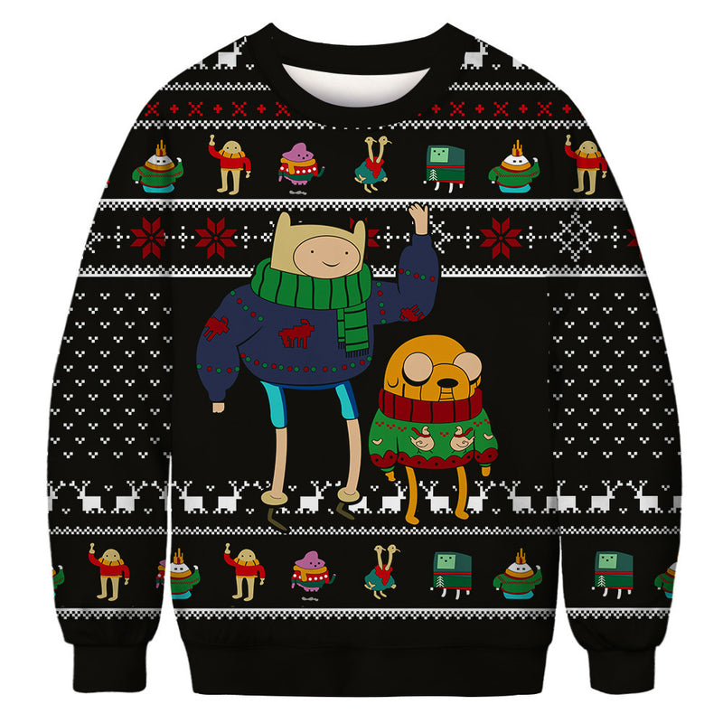 Black Christmas Sweater Christmas round Neck Sweater Casual Funny Santa Claus