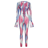 Autumn Sexy Hollow Mesh Printing High Waist Tight Sports Casual Jumpsuit