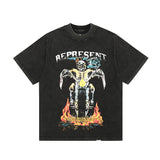 Present T Shirt Flame Motorcycle Skull Distressed Cotton T-shirt