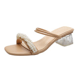 Nude Wide Fit Block Heels Pearls Strap High Heels