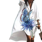 Women Bohemian Dress Summer Loose Lapel Long Sleeves Printed Dress