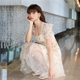 Fairy Dress French Style Retro Puff Sleeve Dress Small Machine Embroidery Dress for Women