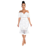 Puff Short Sleeve Lace Fishtail Skirt See-Through Dress