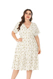 Women Plus Size MIDI Dressesv Collar Waist Trimming Short-Sleeved Printed Dress