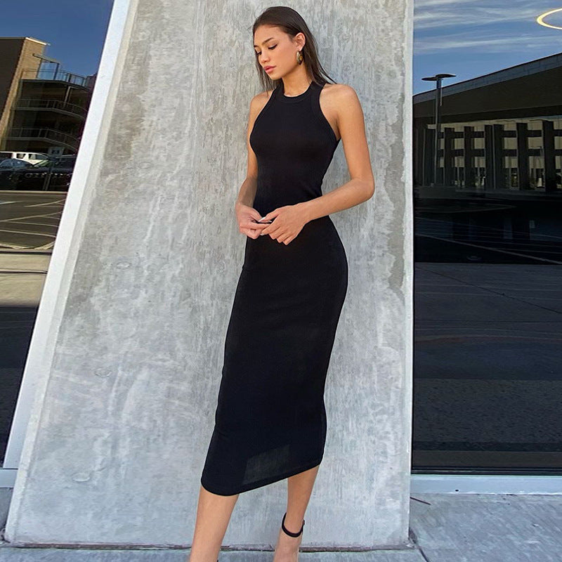Work Dresses for Teachers Spring and Summer Women's Solid Color Sling Backless Dress