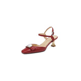 Nude Wide Fit Block Heels Genuine Leather Retro Bow Sandals