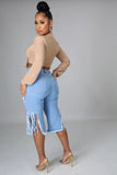 Women Denim Shorts Ripped Stretch Tasseled Jeans Women's Middle Pants