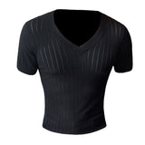 Men Short Sleeve T-Shirt V-neck Men's Knitted T-shirt