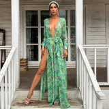 Bohemian Beach Dress Green V-neck Chiffon Floral