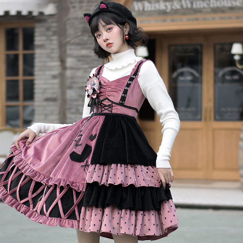 Gothic Lolita Harajuku Style Clothing Lolita Winter Skirt Explosion Berries JSK Retro Color-Matching Dress Autumn and Winter Full Set