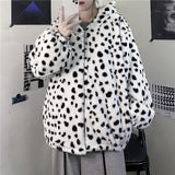 Women Dalmatian Coat Loose Furry Leopard Quilted Hooded Cotton Coat