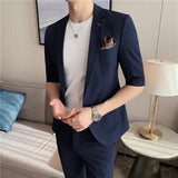 Men Trousers Slim Fit Mid-Sleeve Suit Two-Piece Set