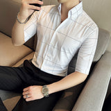 Men Shirts Casual Plaid Shirt Slim Fit V-neck Shirt
