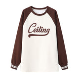 Diana Harvard Sweatshirt Retro Alphabet Color-Block Raglan Sleeves Contrast Color Casual Sweatshirt