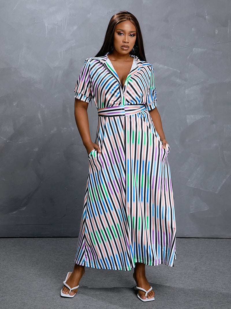 Women Plus Size Maxi Dresses Striped Printing Color Contrast Long Sleeve Shirt Dress