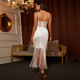 Women Bodycon Dress Mesh See-through Suspender Skirt Tassel Bodycon Dress