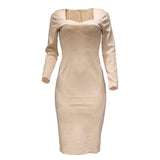Women Bohemian Dress Autumn Solid Color Sexy Bag Arm Midi Dress