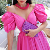 Women Bohemian Dress Women's Summer Fashion Short Sleeve V-neck Solid Color