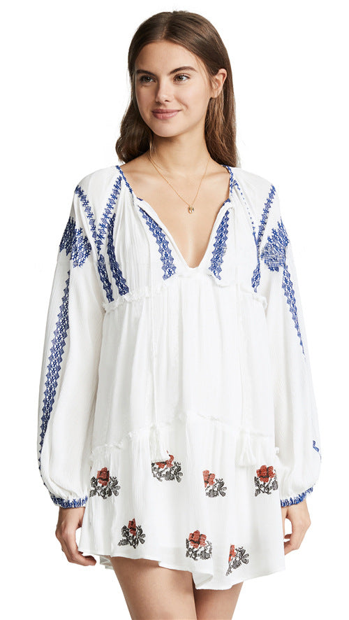 Women Dresses Bohemian Embroidered Flower Long Sleeve Fashion Shirt Dress