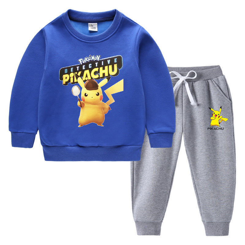 Children Pokemon Pikachu Hoodie & Pant Set Fleece Lined Padded Warm Keeping Winter Clothes Sweatershirt Suit