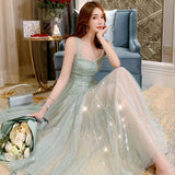 Fairy Dress Summer French Style Retro Sleeveless Solid Color Suspender Dress Mid-Length Mesh Dress