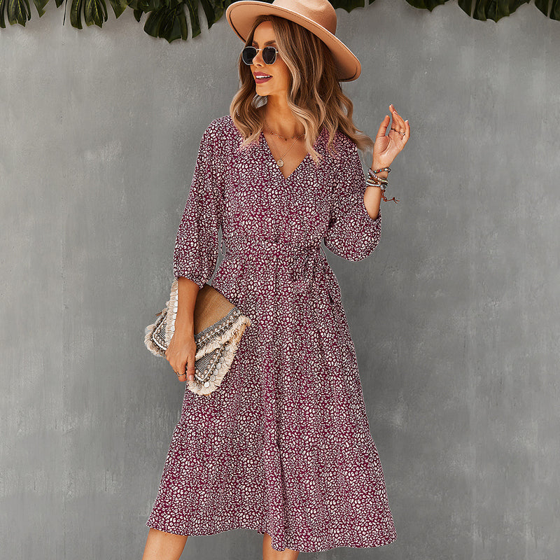 Beth Dutton Bohemian Winter Dress Midi Dresses Waist Slimming Autumn and Winter Large Swing Floral Skirt