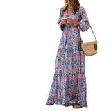 Women Bohemian Dress Women's Summer Long-Sleeve V-neck Dress