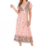 Beth Dutton Bohemian Dress Summer Spring Midi Dresses Sexy V-neck Waist Printed Beach Dress Maxi Skirt