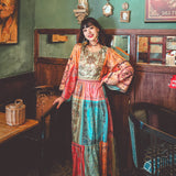 Beth Dutton Bohemian Dress Winter Autumn Midi Dresses Flare Sleeve Contrast Color Round Neck 3/4 Sleeve Color Holiday Dress