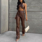 Women Top & Pant 2 Piece Set Autumn Sexy Backless Underwaist Slim-Fit Straight Trousers Suit