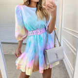 Abstract Bodycon Dress Summer Tie-Dyed Dress with Belt