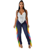 Women Plus Size Jeans High Waist Slim Fit Multicolored Tassel Denim Skinny Pants