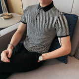 Men Short Sleeve T-Shirt Striped Texture Polo Shirt