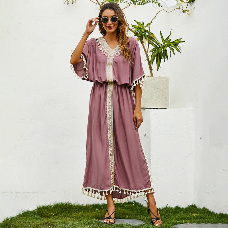 Women Plus Size Dresses Loose Embroidery Tassel Long Dress