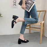 Nude Pumps Block Heel Mary Jane Leather Shoes