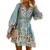 Women Bohemian Dress Summer Women's Long Sleeve V-neck Loose Dress
