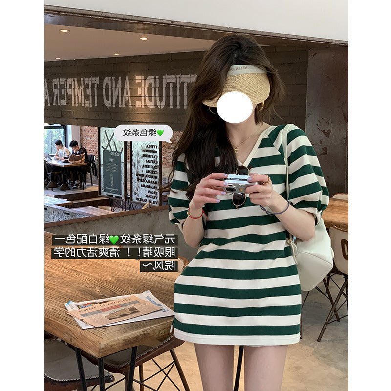 Black and White Dress Black and White Stripes V-neck Lantern Sleeve T-shirt Skirt