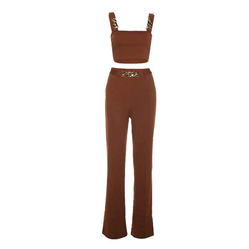 Women Top & Pant 2 Piece Set Vest High Waist Hip Straight Straight-Leg Pants Casual Suit