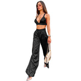 Women Top & Pant 2 Piece Set Autumn and Winter Lace-up Backless Underwaist Wide-Leg Pants Casual Suit