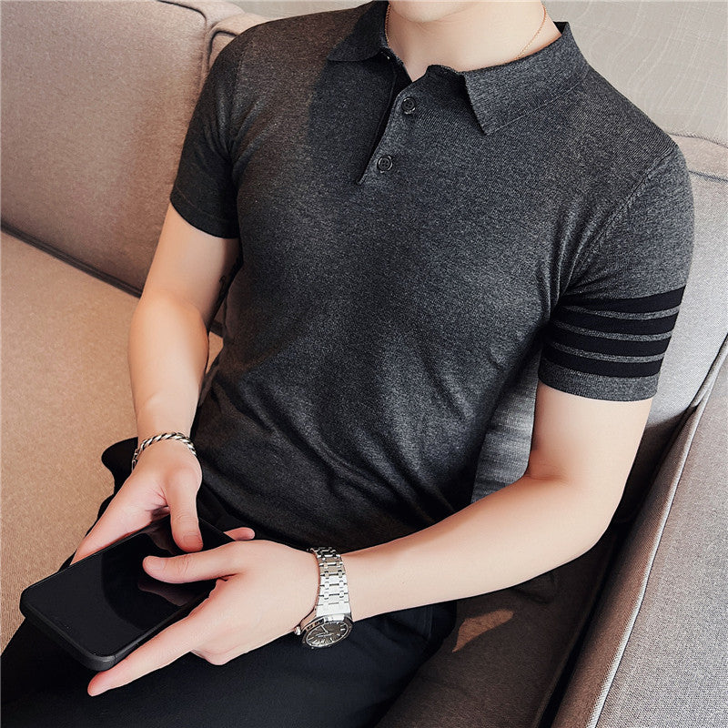 Men Polo Shirts Summer Casual Striped Lapel T-shirt